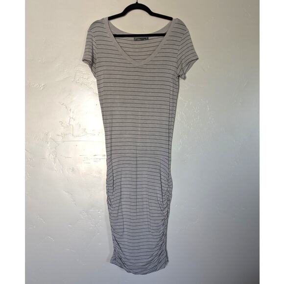 prAna Dress Womens Size Small Jersey‎ Stretch Striped Gray Black Ruched Modal - Picture 1 of 9